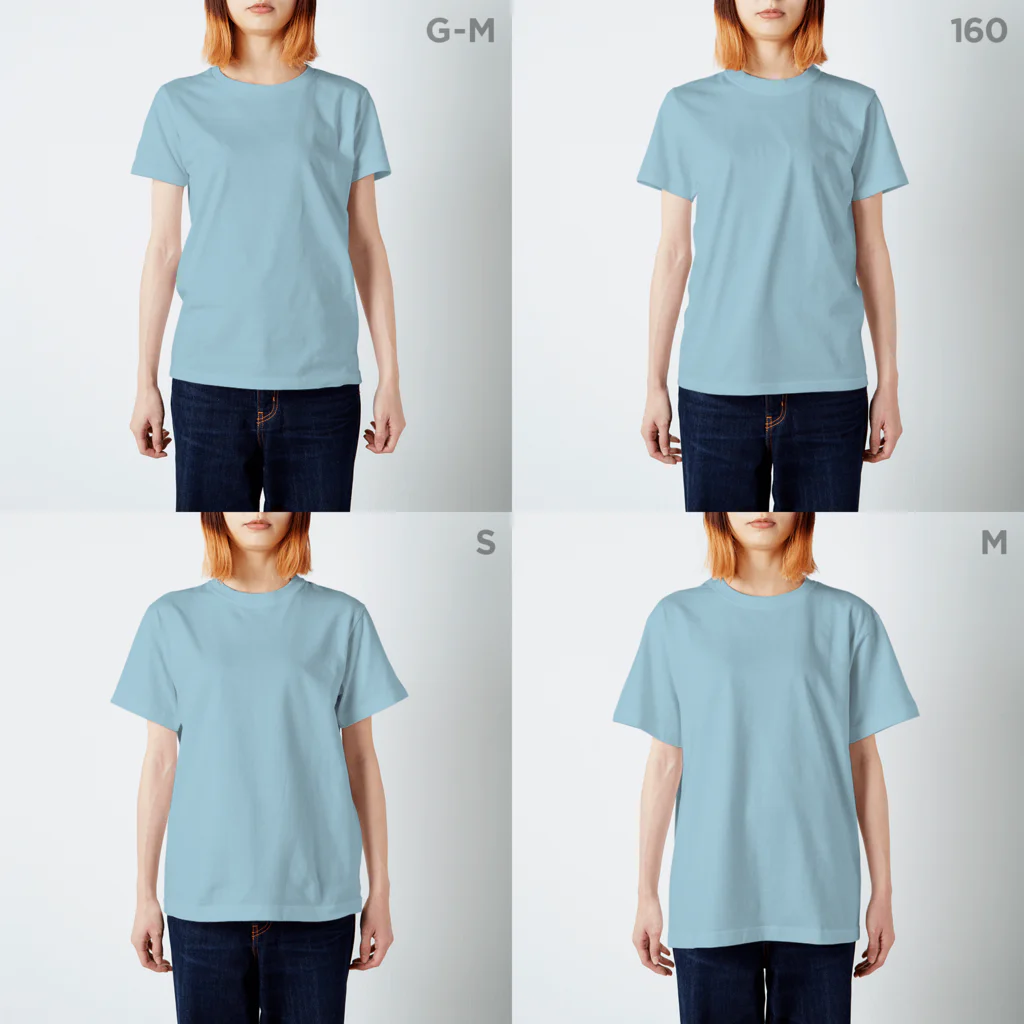poronporon-死ぬまで人生を楽しむのチンアナゴ数字Tシャツ「1」ブルー スタンダードTシャツのサイズ別着用イメージ(女性)