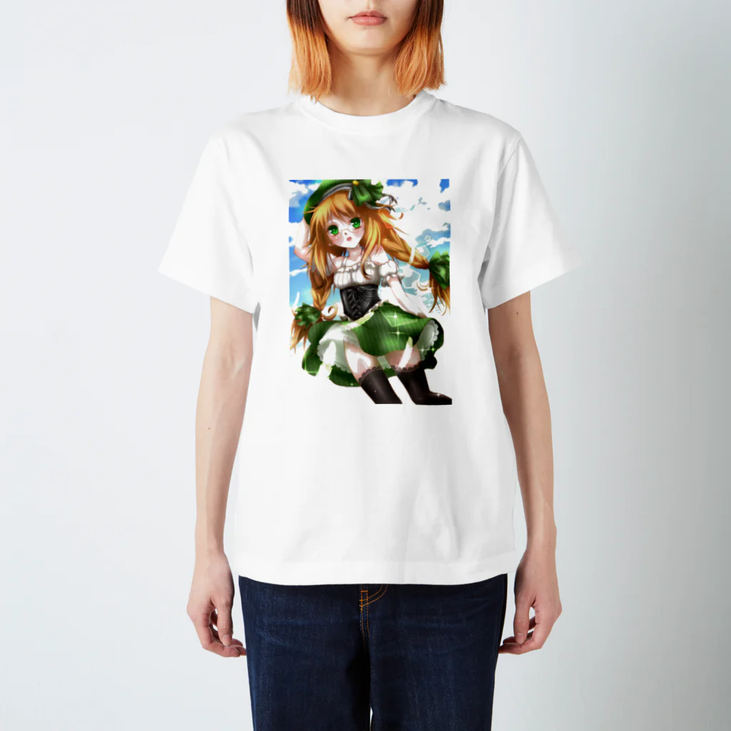 月夜の黒うさぎのベレー帽少女 スタンダードTシャツ