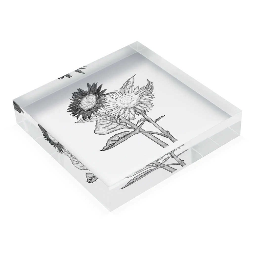 NANASHOPのSunFlowerひまわりモノトーン Acrylic Block :placed flat