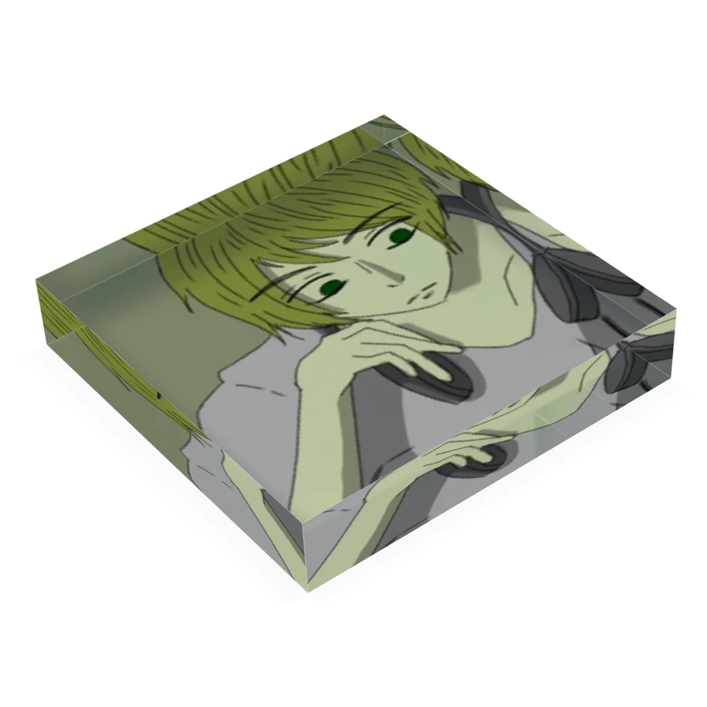 お湯張りのヘッドホンの男の子 Acrylic Block :placed flat