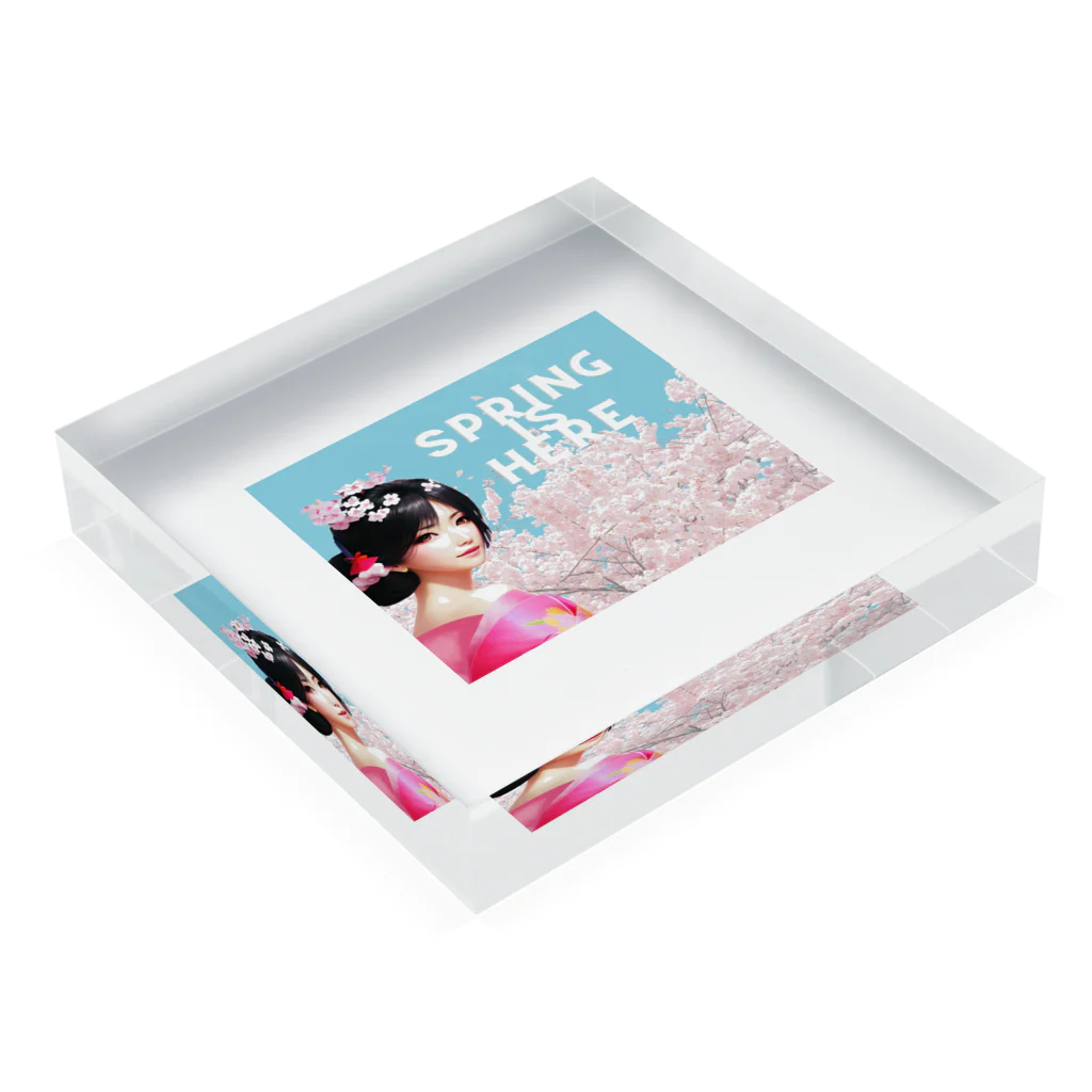 ©️みるのお花見女性SAKURA Acrylic Block :placed flat