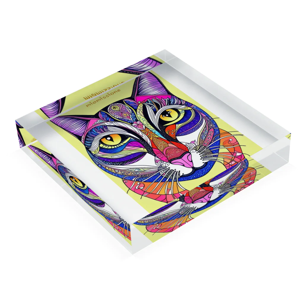 miamissioneのカラフルでエスニックテイストでポップな猫－Colorful, ethnic flavored, pop cat. Acrylic Block :placed flat