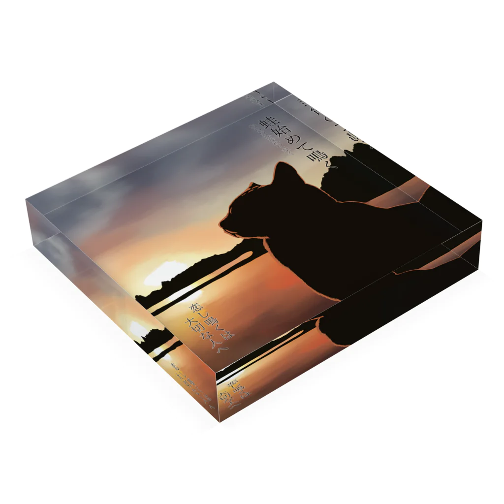 猪猫の蛙始めて鳴く　田んぼの夕陽と猫 Acrylic Block :placed flat