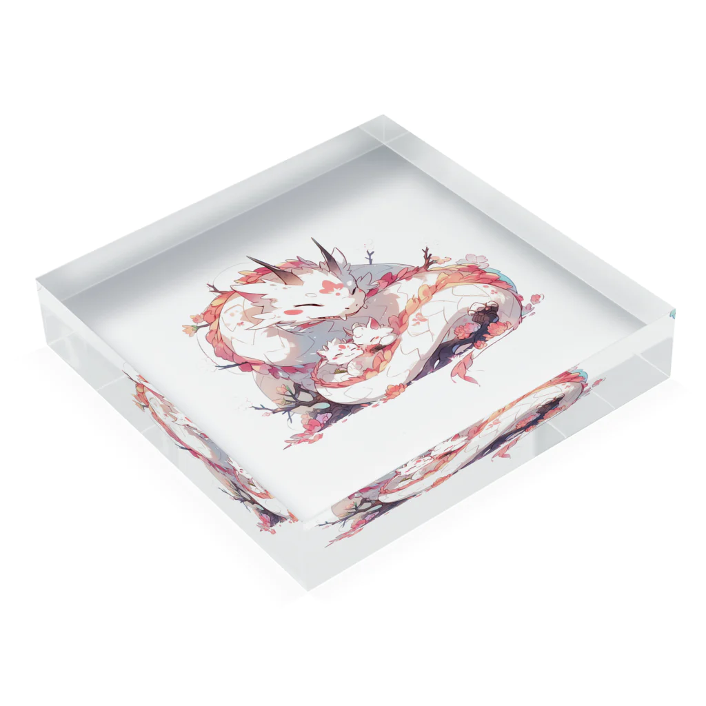 Japan Beautyオリジナルショップの花の白龍さんと仲良しにゃんこ Acrylic Block :placed flat