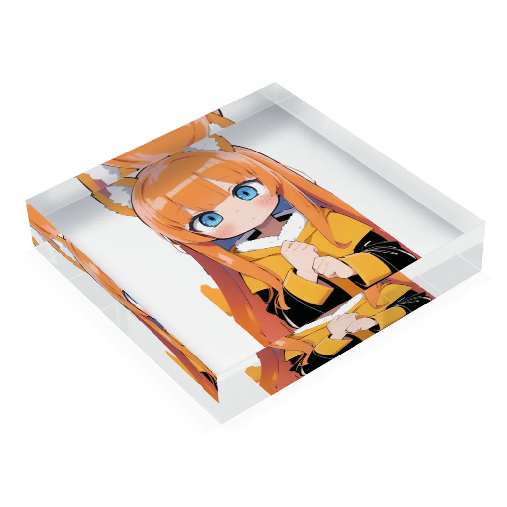 ケモ耳美少女キツネちゃん（AIart）のキュートなオレンジ髪のキツネの女子 Acrylic Block :placed flat