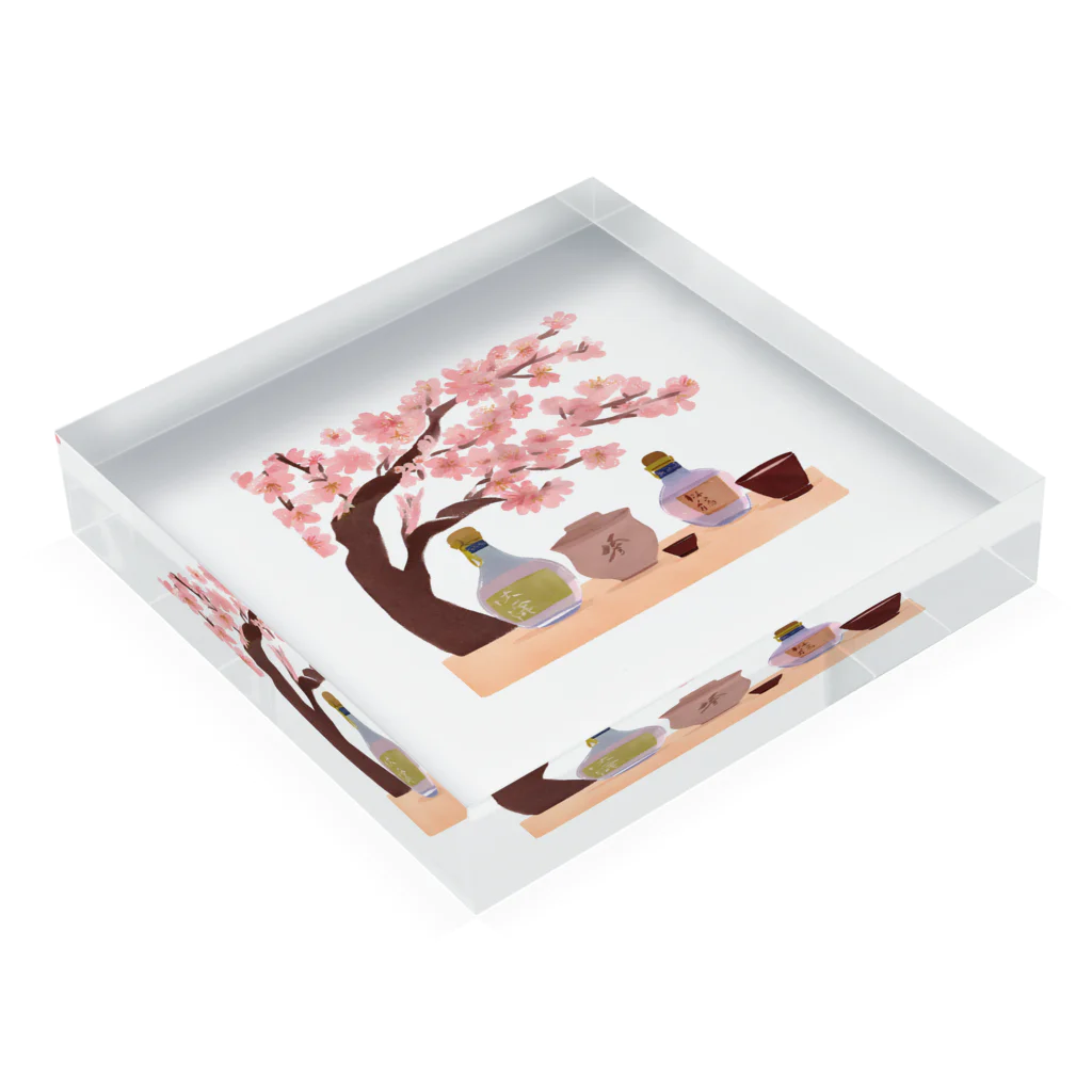 無類の酒好きの桜の下で花見酒 Acrylic Block :placed flat