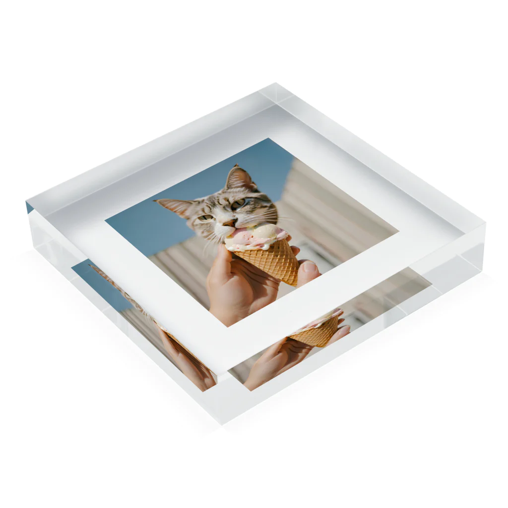 猫雑貨屋　ねこまろのアイスにかぶりつく猫 Acrylic Block :placed flat