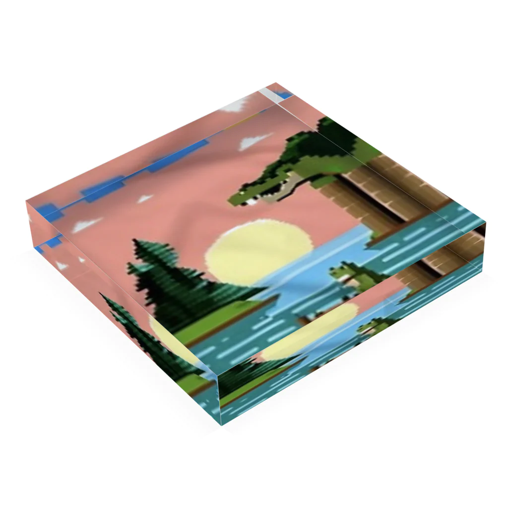 あったらいいなのドット絵のワニと湖畔の月 Acrylic Block :placed flat