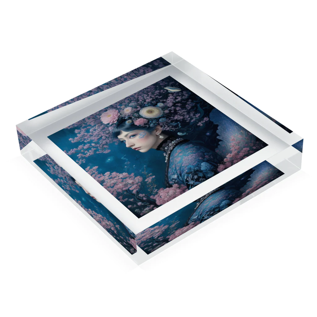 ZZRR12の「夜桜の幻想：桜の精霊」 - "Night Sakura Fantasia: Spirit of the Cherry Blossom" Acrylic Block :placed flat