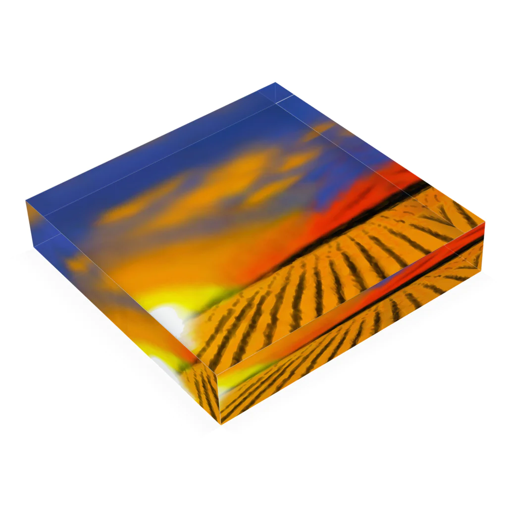 日々好日屋2号店の田んぼと夕焼け Acrylic Block :placed flat