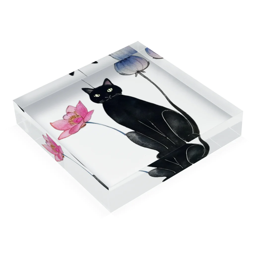 幸運のしっぽの黒猫と花 Acrylic Block :placed flat