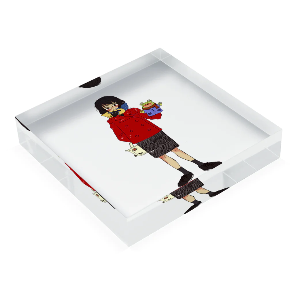 urimushi_064のそばかす眼鏡の赤コート女の子 Acrylic Block :placed flat