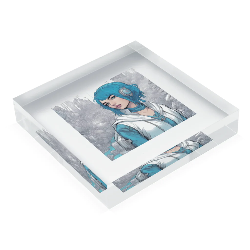 Kyon_IllustItemShopのサイバーパンク風の青髪美少女 Acrylic Block :placed flat