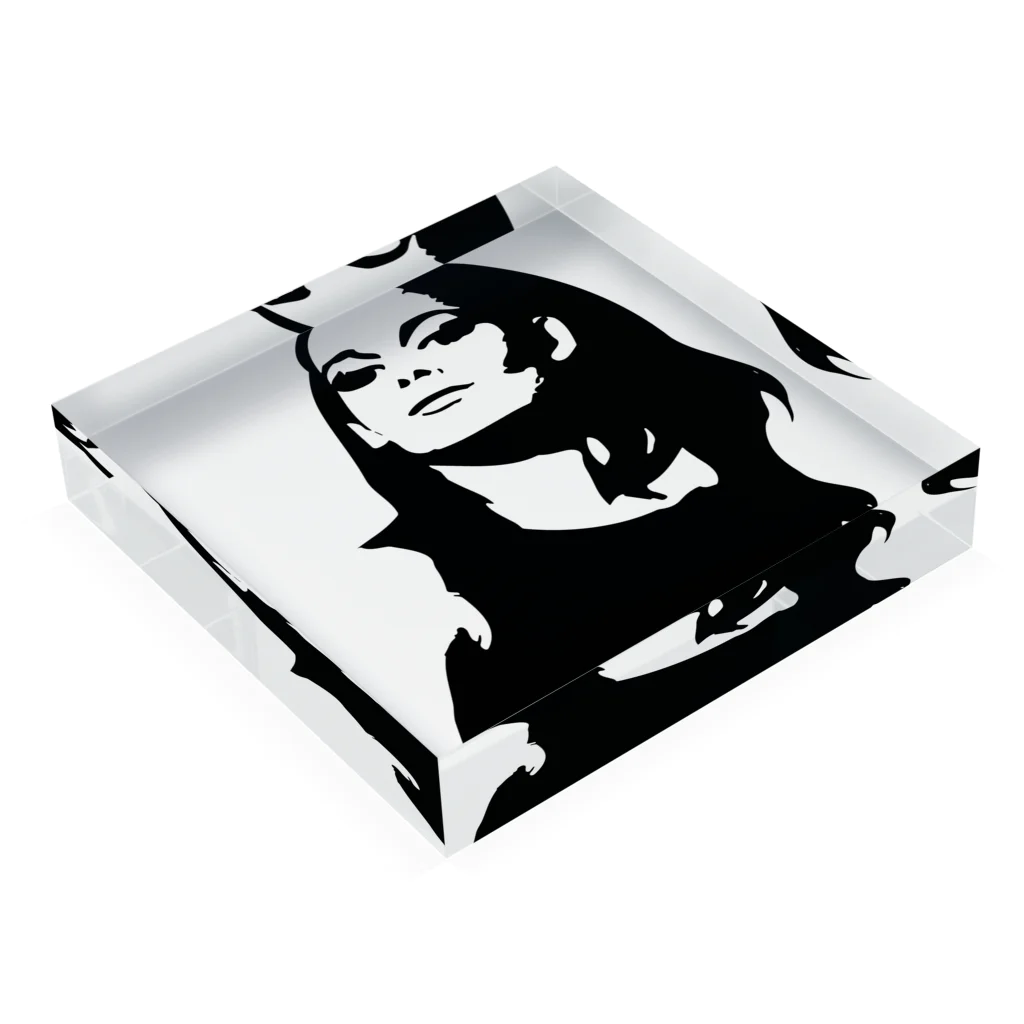 ファンシーTシャツ屋の長髪女性のモノクロデザイン Acrylic Block :placed flat