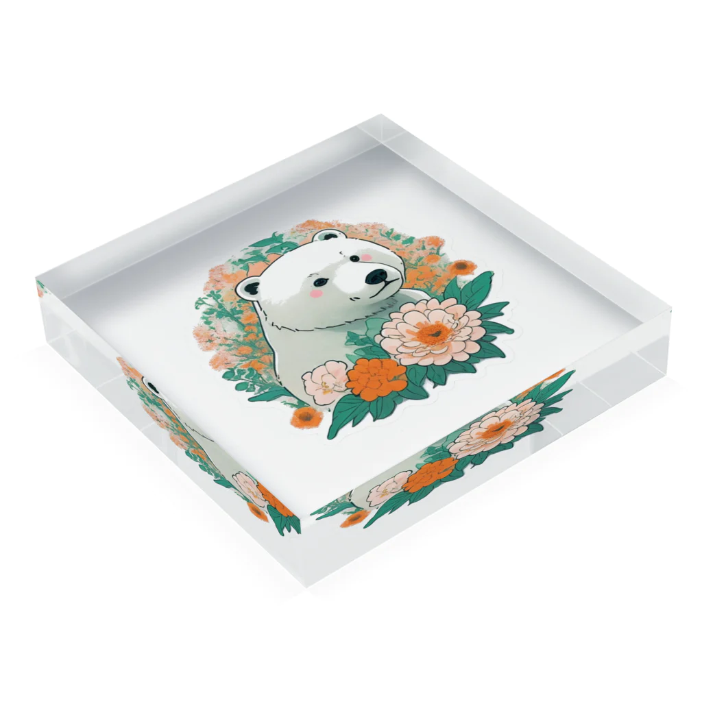 りんりんの可愛いシロクマちゃんショップ　かわいいよ！の花に囲まれている白くま Acrylic Block :placed flat