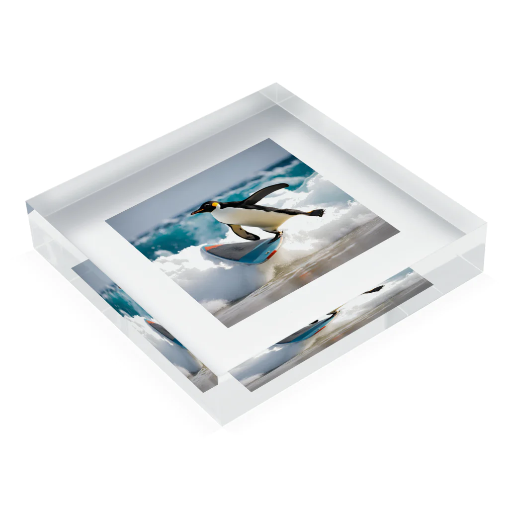 hakumenhonのサーフィンするペンギン Acrylic Block :placed flat