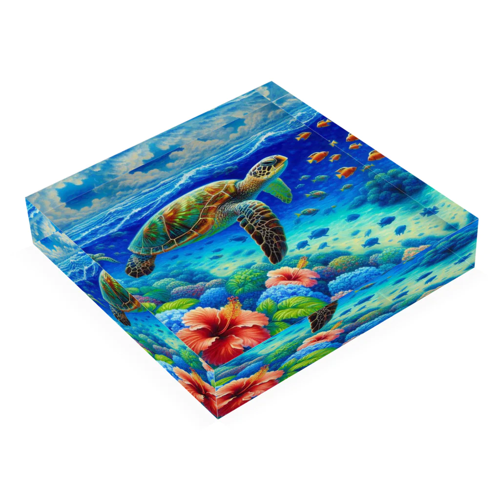 日本の風景 COOL JAPANの日本の風景:沖縄渡嘉志久ビーチの泳ぐ海がめ、Japanese scenery: Sea turtle swimming at Tokashiki Beach, Okinawa Acrylic Block :placed flat