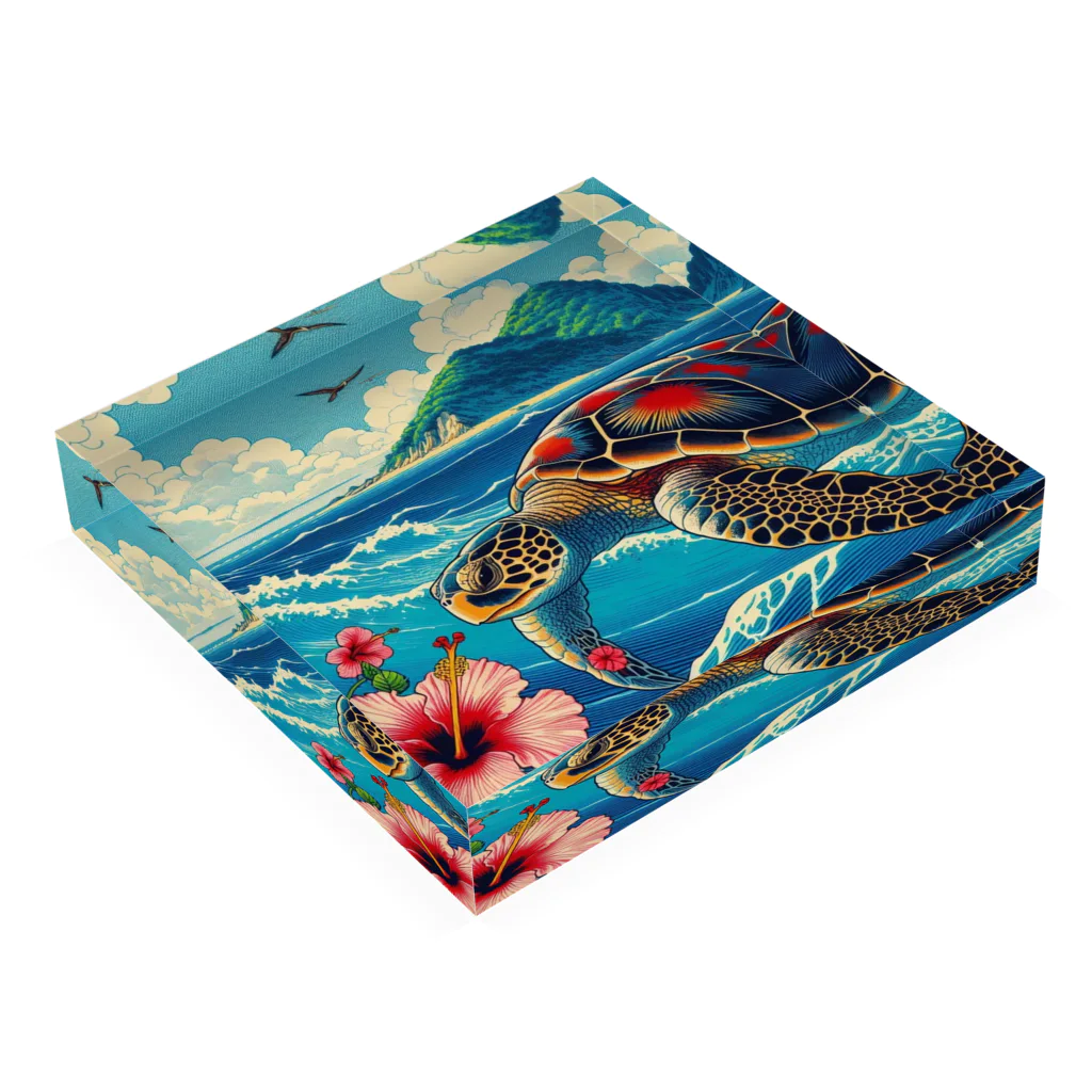 日本の風景 COOL JAPANの日本の風景:荒波にもまれる海がめ、Japanese scenery: Sea turtle caught in rough waves Acrylic Block :placed flat