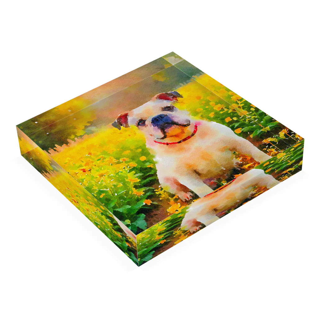 犬好きのしましまの水彩画の犬 花畑のブルドッグのイラスト Acrylic Block :placed flat
