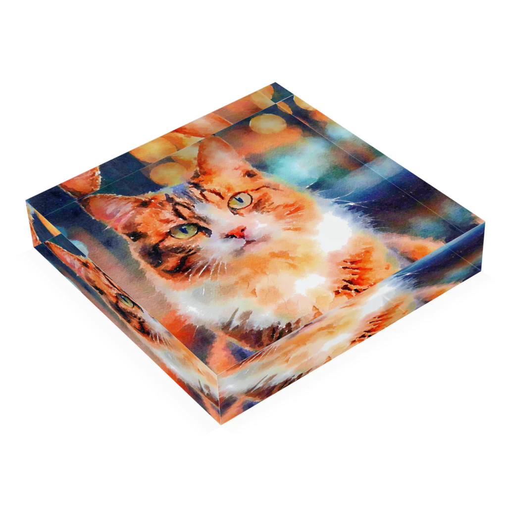 猫好きの谷の猫の水彩画/キジトラねこのイラスト Acrylic Block :placed flat