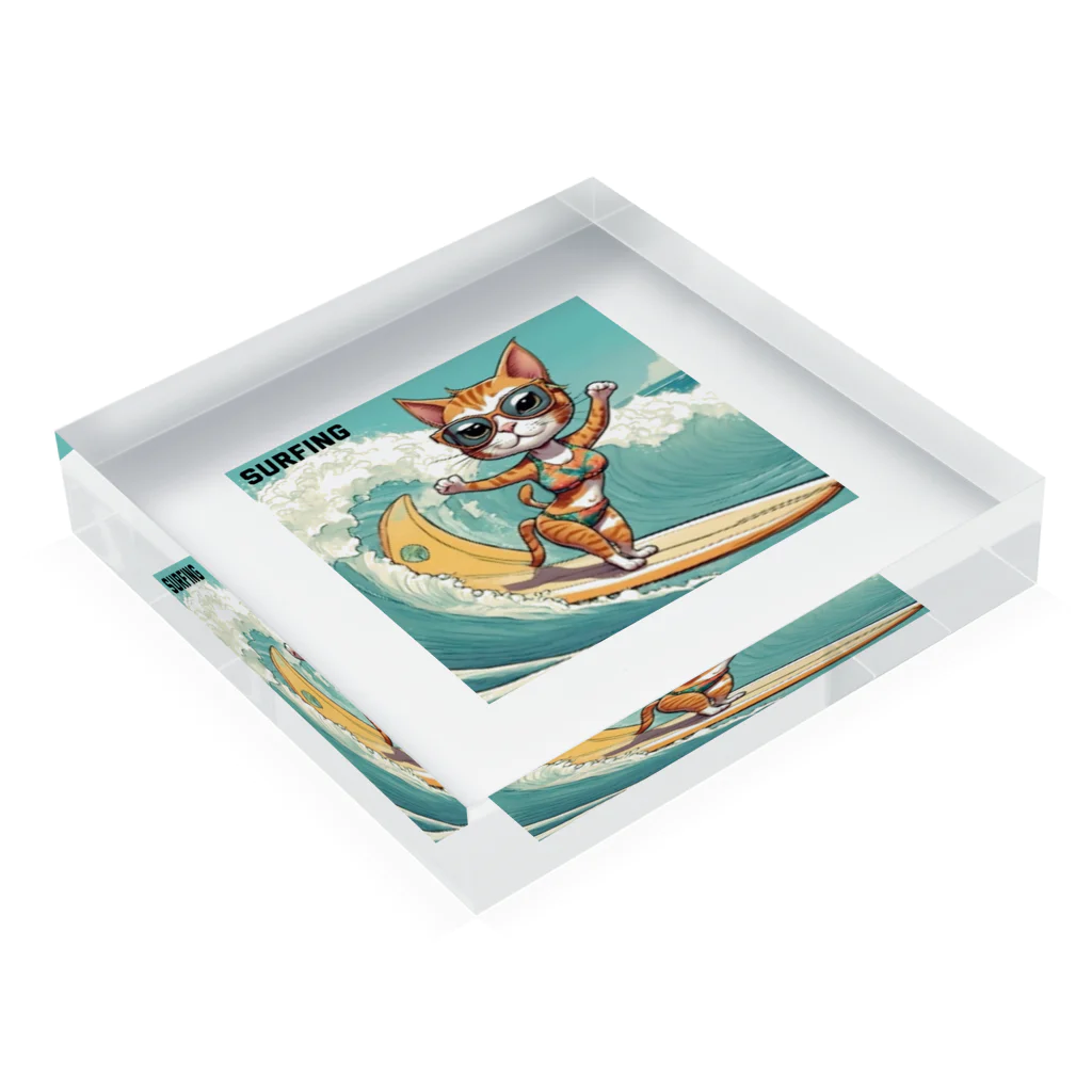 ハワイライフのSURFING猫（女の子バージョン） Acrylic Block :placed flat