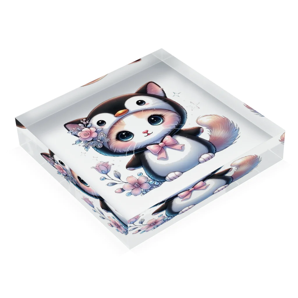 Snow-peaceのペンギンコスチュームのキュートな子猫 Acrylic Block :placed flat