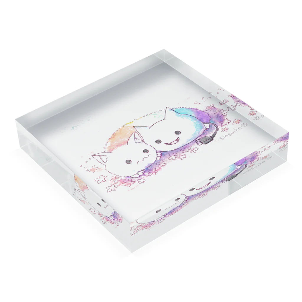 ねこさん爆発ショップのねこさんとレインボーネコケムシお花畑 Acrylic Block :placed flat