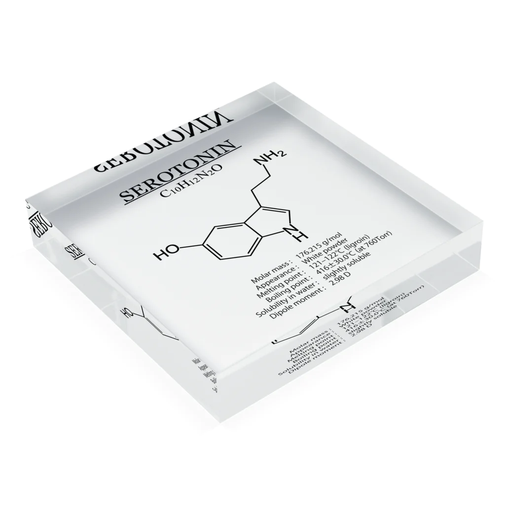 アタマスタイルのセロトニン(精神安定・感情コントロール)：化学：化学構造・分子式 Acrylic Block :placed flat