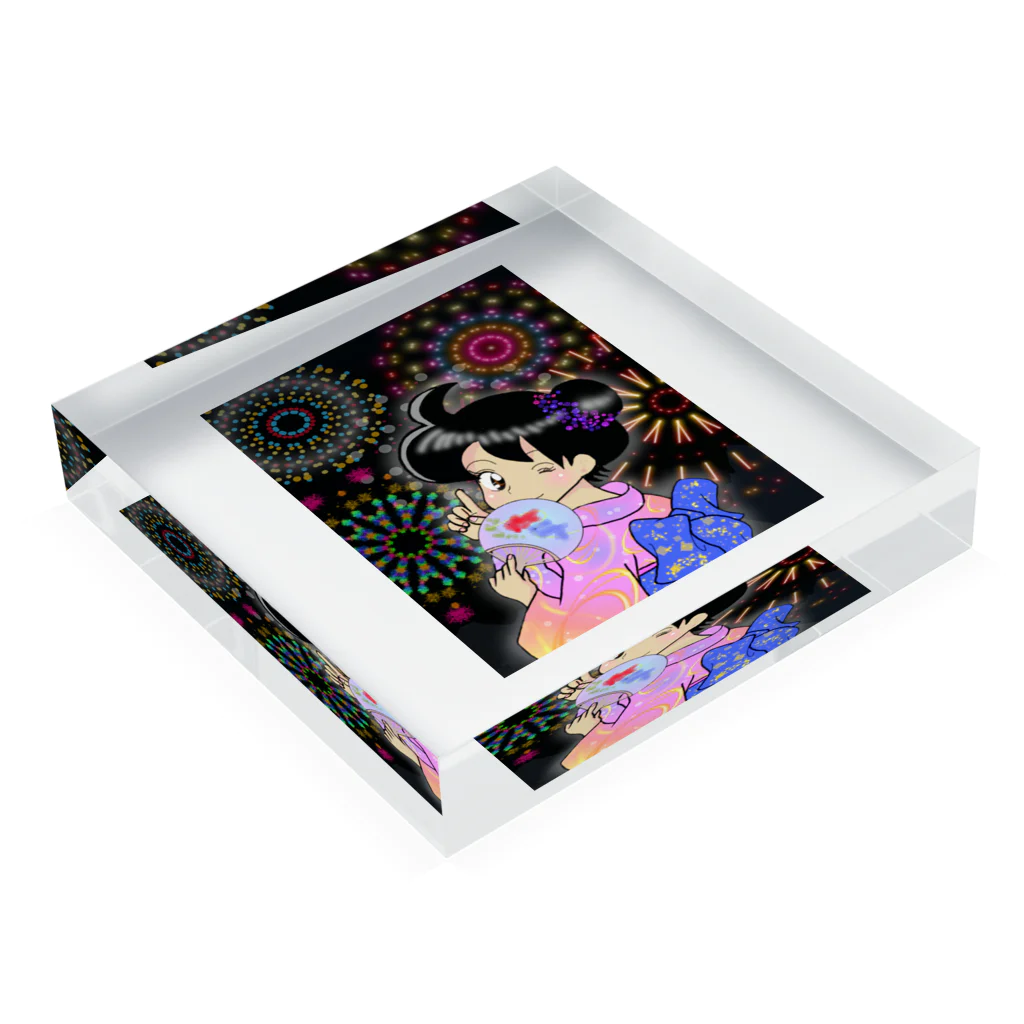 オキガネ(okigane) 女将だったけど辞めましたの花火大会と浴衣の女の子 Acrylic Block :placed flat