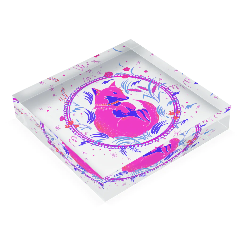 たかはし あいさのキツネ犬のお昼寝(pink) Acrylic Block :placed flat