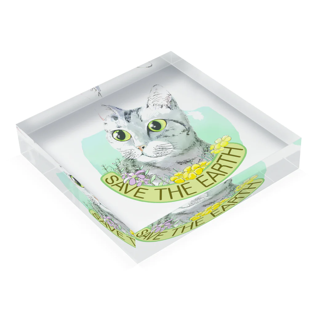 2gawaの猫さんto野花2　save the earth Acrylic Block :placed flat