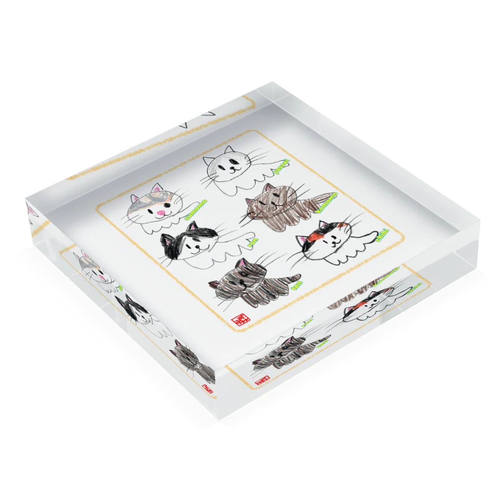 わらしな山猫堂の６匹猫【薄枠印】クレヨンイラストS Acrylic Block :placed flat