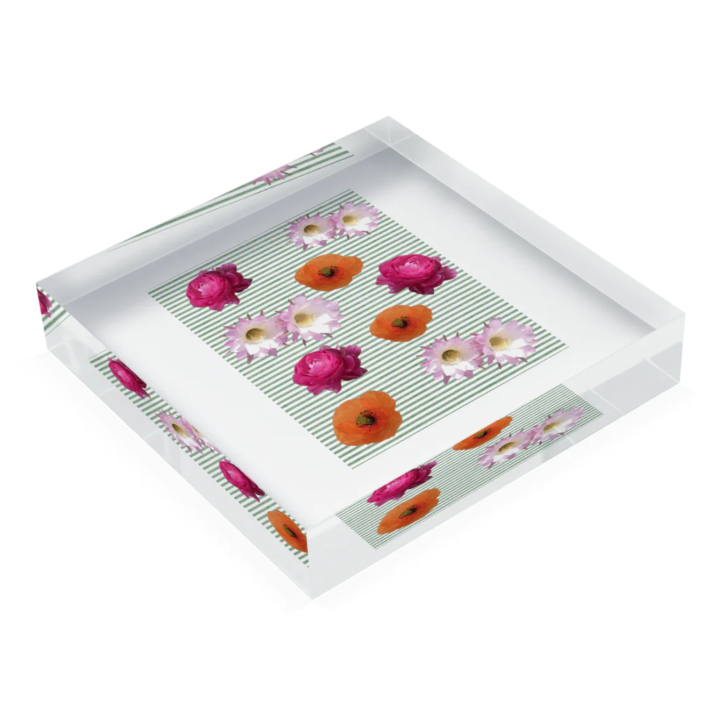 AKの花柄　×  ボーダー　グリーン Acrylic Block :placed flat