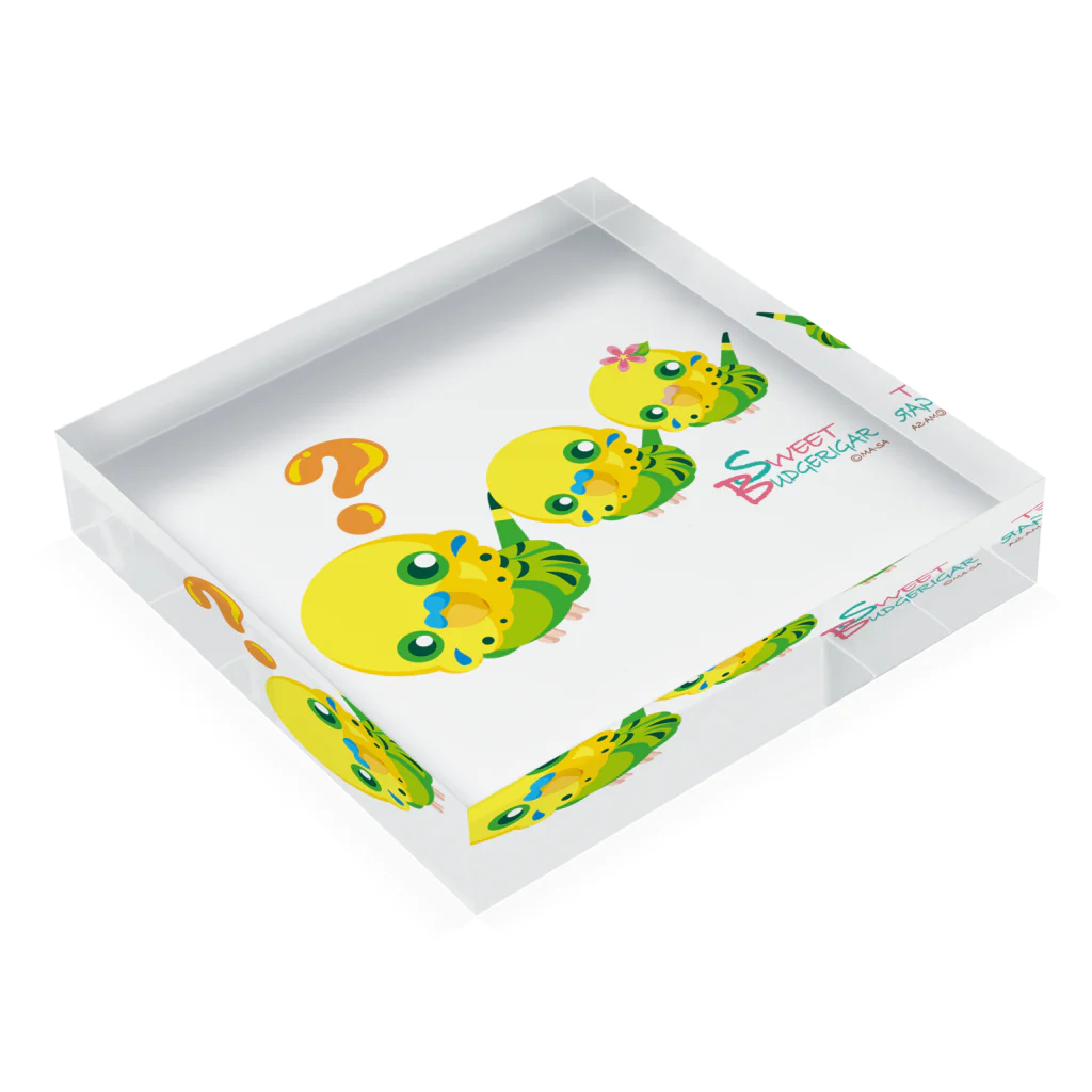 ma-sa's LaboratoryのSweet Budgerigar／？（ハテナ）グリーン Acrylic Block :placed flat