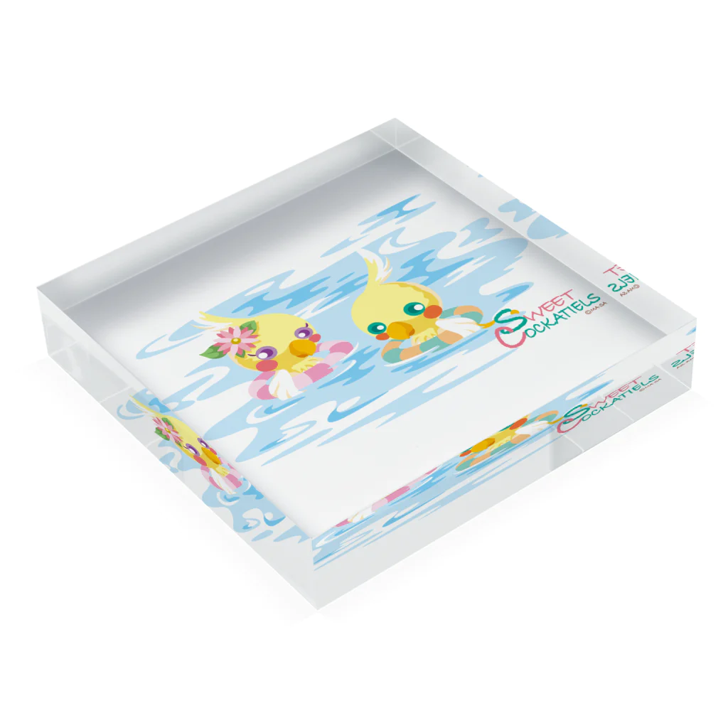 ma-sa's LaboratoryのSweet Cockatiels／浮き輪で海水浴 Acrylic Block :placed flat