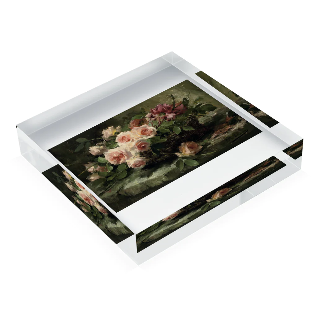 花名画アートグッズのフランス・モルテルマン《バスケットのピンクの薔薇》 Acrylic Block :placed flat