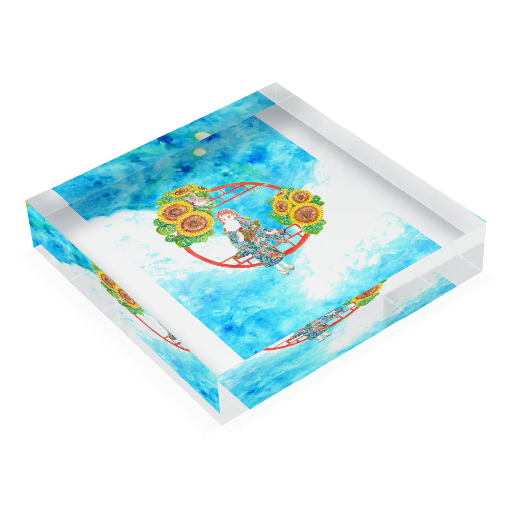 星架月の「窓際の夏」青空・向日葵縁・浴衣の女の子・背景有 Acrylic Block :placed flat