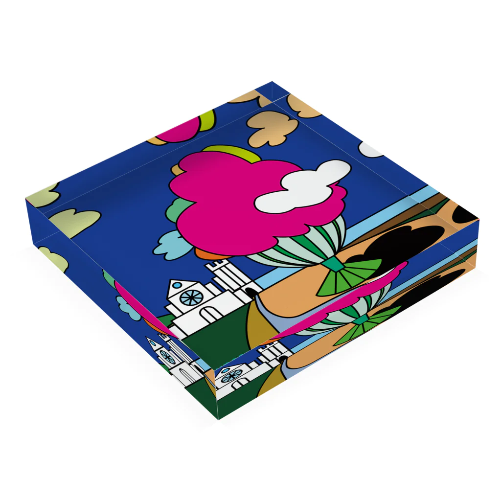 Blupiggの幸せの丘ピンクの木 Acrylic Block :placed flat