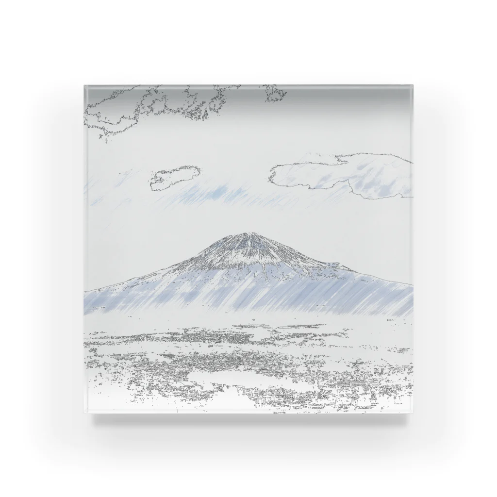 YuruHamo ゆるはもの富士山と街並み（水彩画風） アクリルブロック