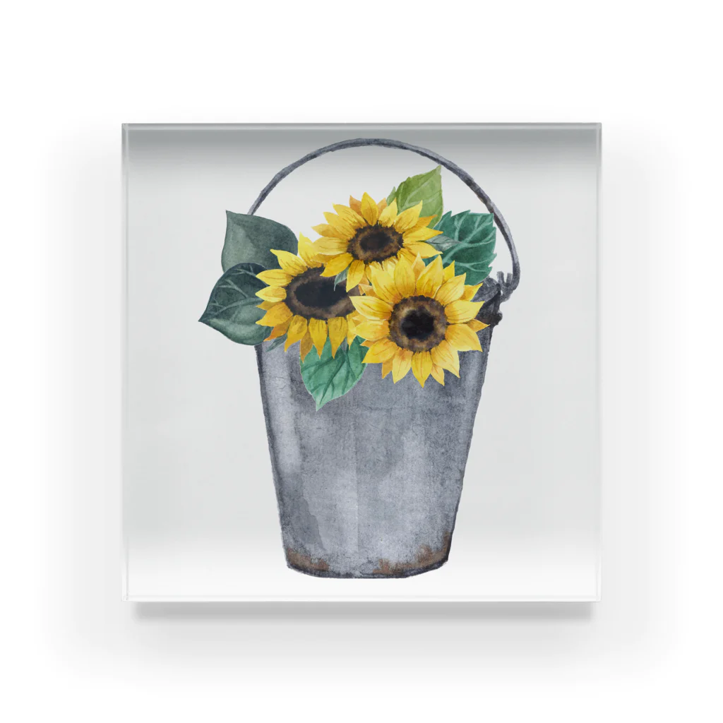 Fred HorstmanのWatering bucket and sunflowers  じょうろ と ひまわり アクリルブロック