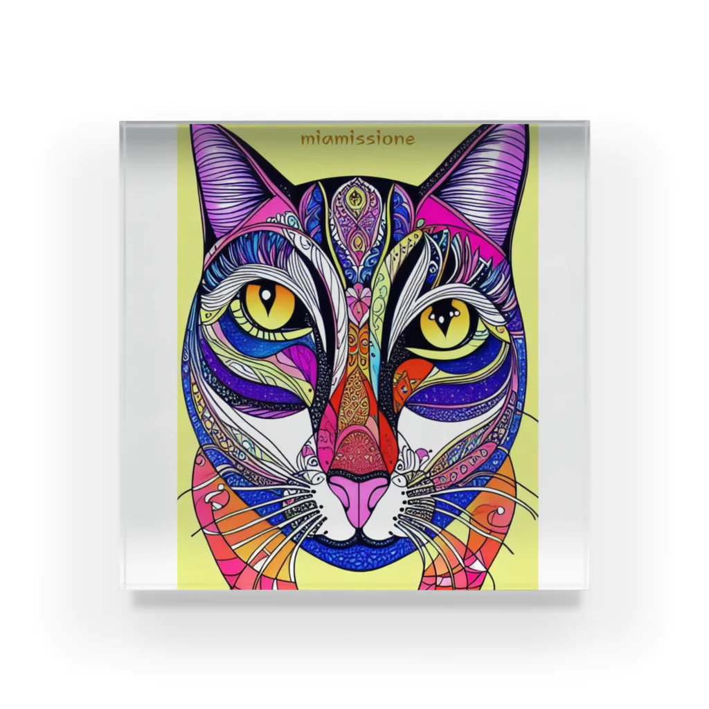 miamissioneのカラフルでエスニックテイストでポップな猫－Colorful, ethnic flavored, pop cat. アクリルブロック
