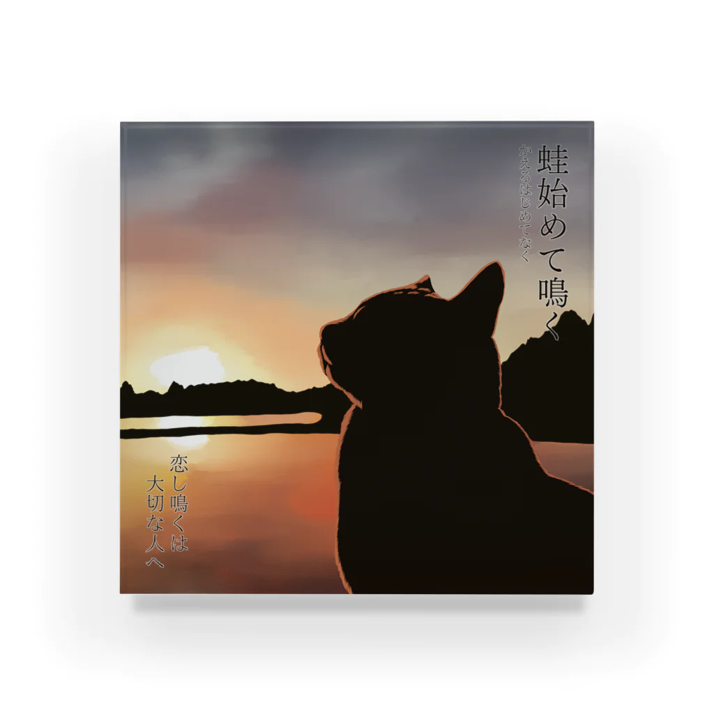 猪猫の蛙始めて鳴く　田んぼの夕陽と猫 Acrylic Block