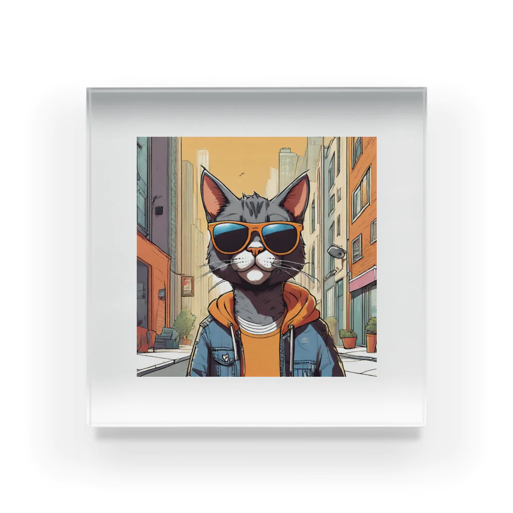 おかき屋のサングラス猫in都会 アクリルブロック