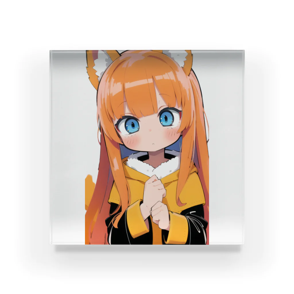 ケモ耳美少女キツネちゃん（AIart）のキュートなオレンジ髪のキツネの女子 Acrylic Block