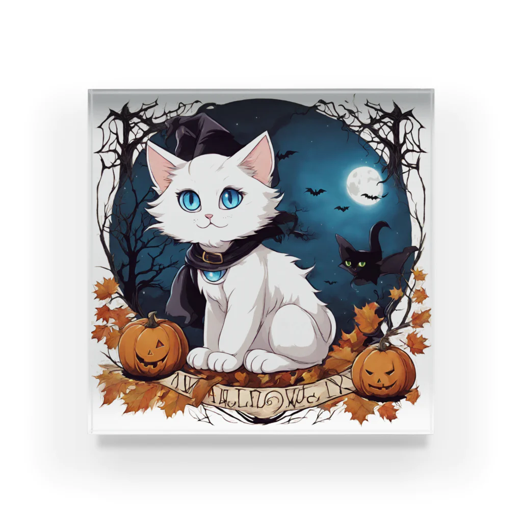 yoiyononakaのハロウィンの白猫08 Acrylic Block