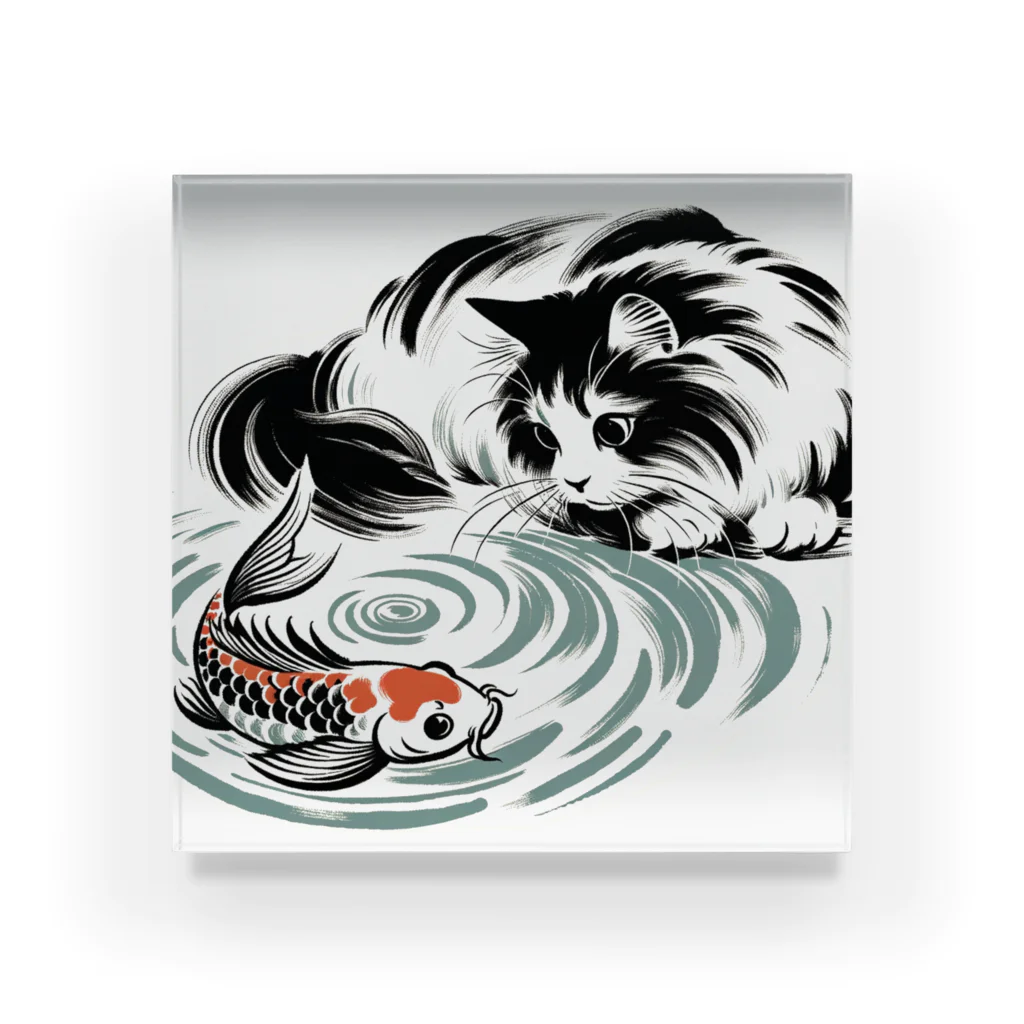 MakotOの猫と鯉（水墨画風） Acrylic Block