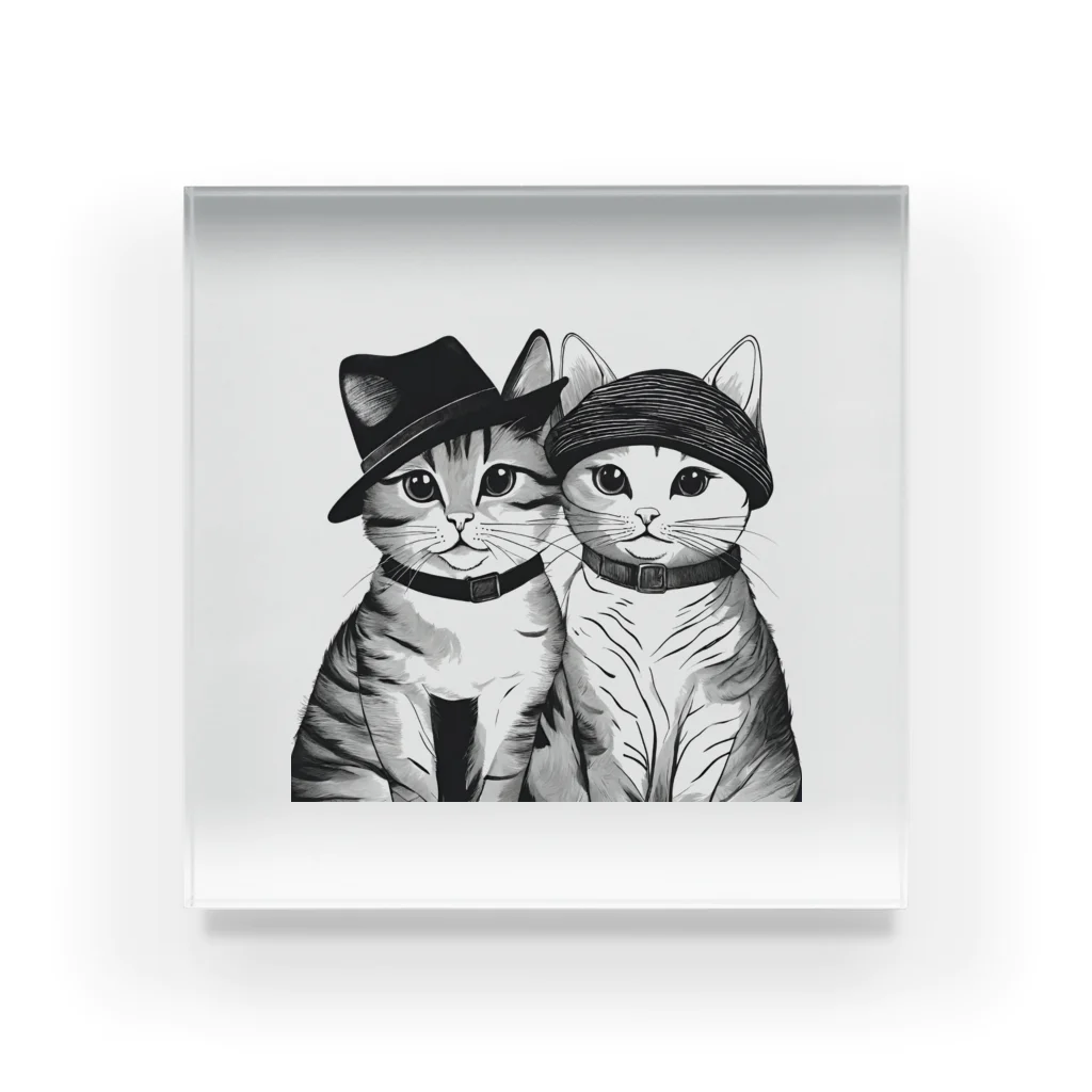 動物夫婦イラスト屋さんの帽子を被った猫夫婦 アクリルブロック