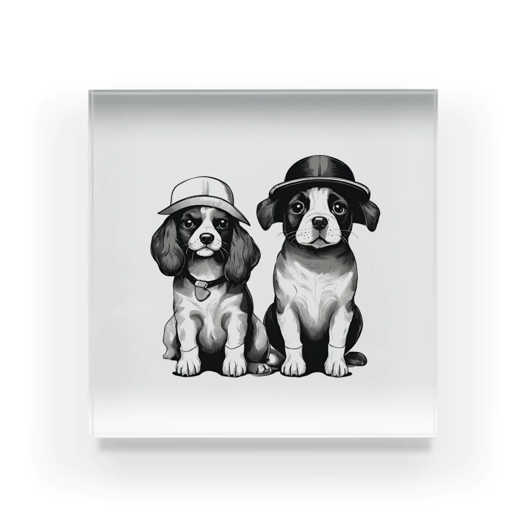 動物夫婦イラスト屋さんの帽子を被った犬夫婦 アクリルブロック