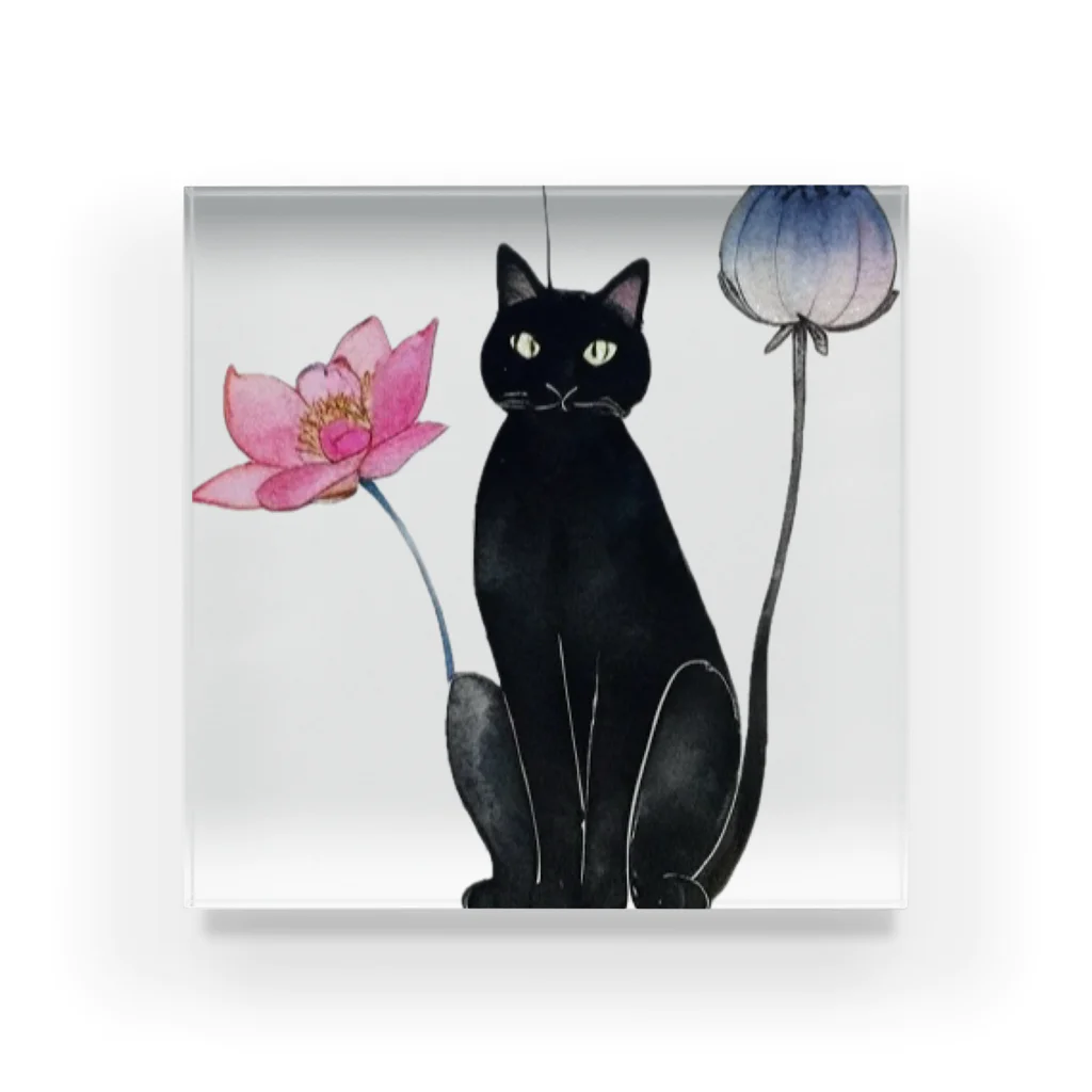 幸運のしっぽの黒猫と花 Acrylic Block