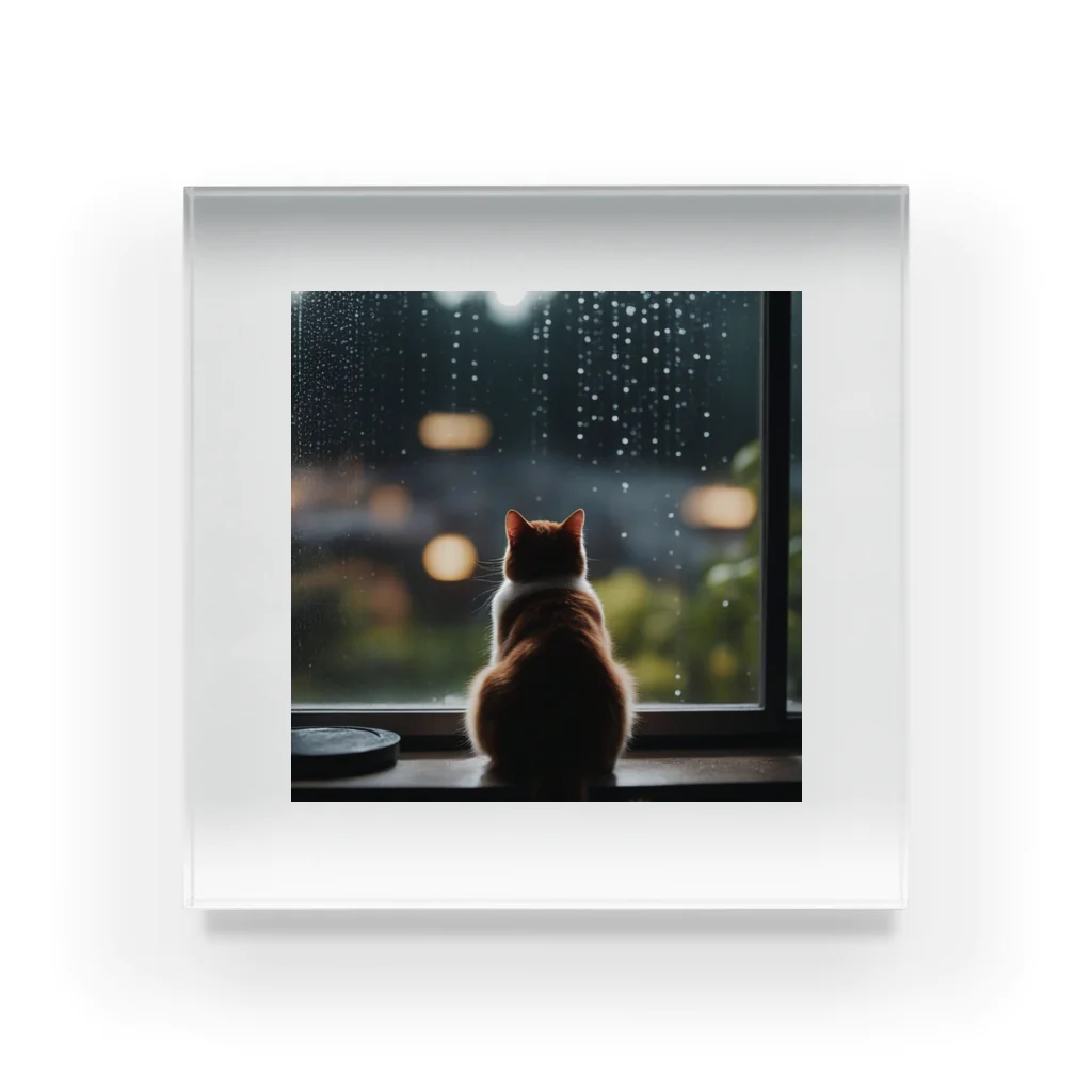 SaltyCookie Design Worksの窓の前で雨を眺めているネコ[カラー] アクリルブロック